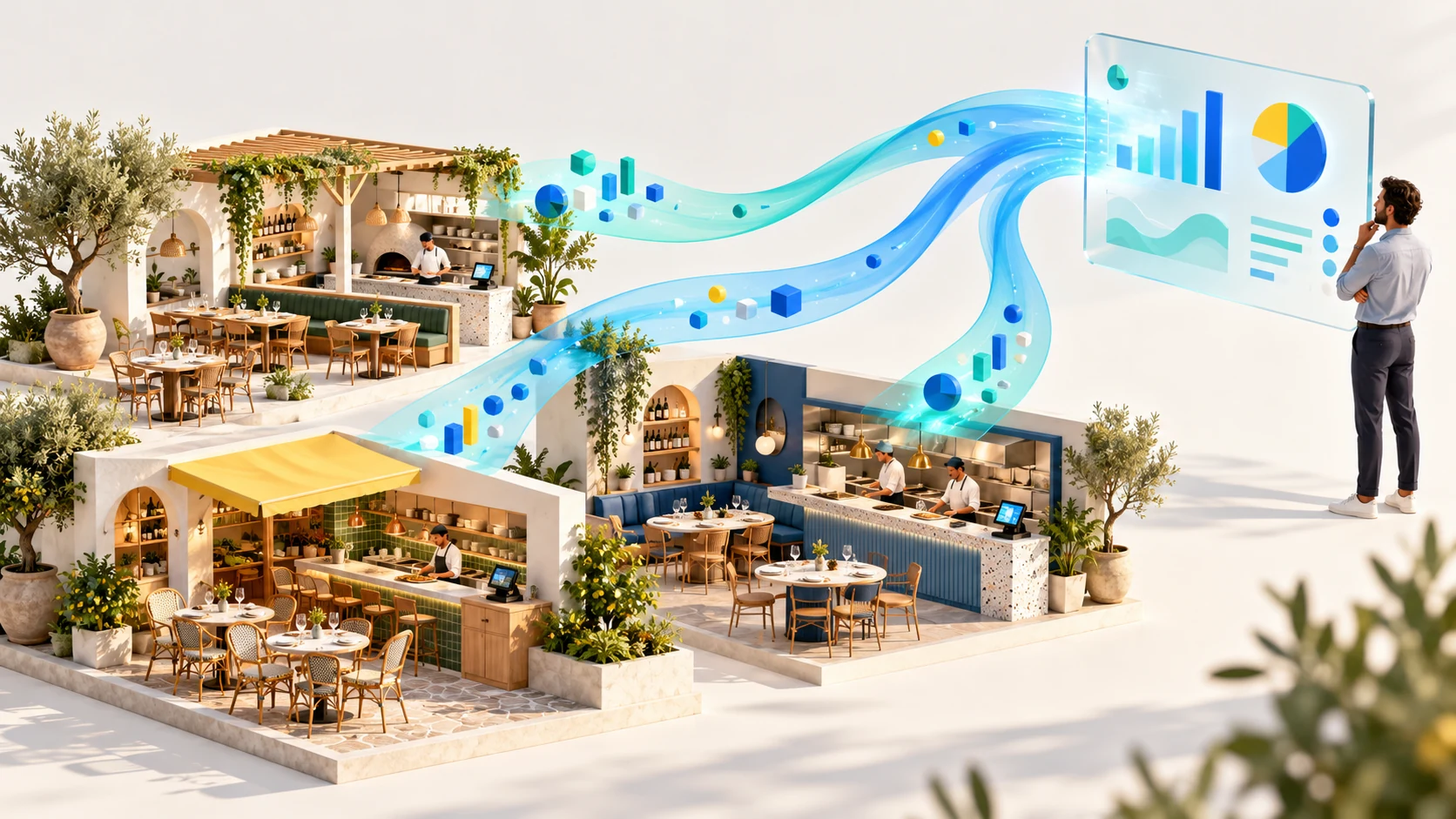 Les données de trois restaurants alimentent un tableau de bord commun consulté par un responsable de groupe de restauration.